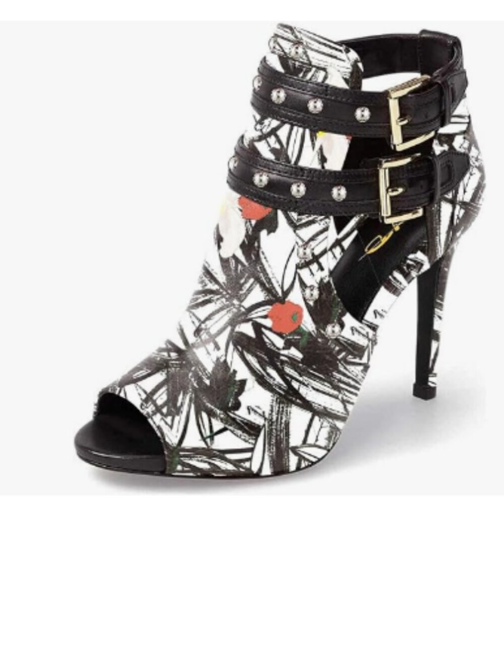 XYD Ink Painting Studs Peep Toe Ankle Bootie High Heel Buckled Double Strap Shoe